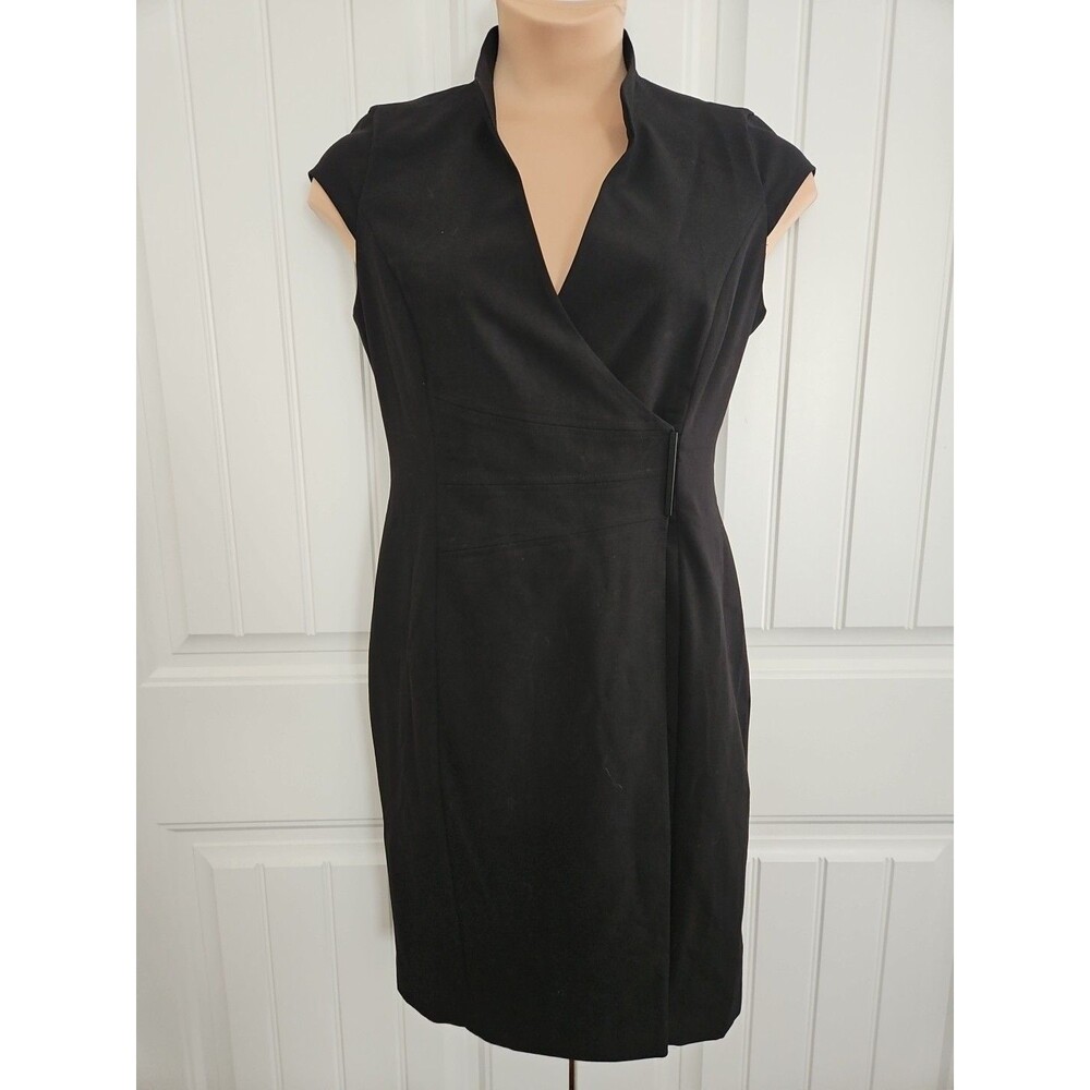 Calvin Klein Sz 10 Black Cap Sleeve V Neck Wrap Dress Side Embossed Buckle NEW